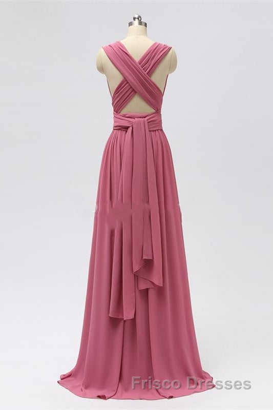 Dusty Rose Chiffon Wrap A-Line Long Bridesmaid Dress