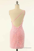 Pink Sequin One-Shoulder Backless Short Formal Prom Dress