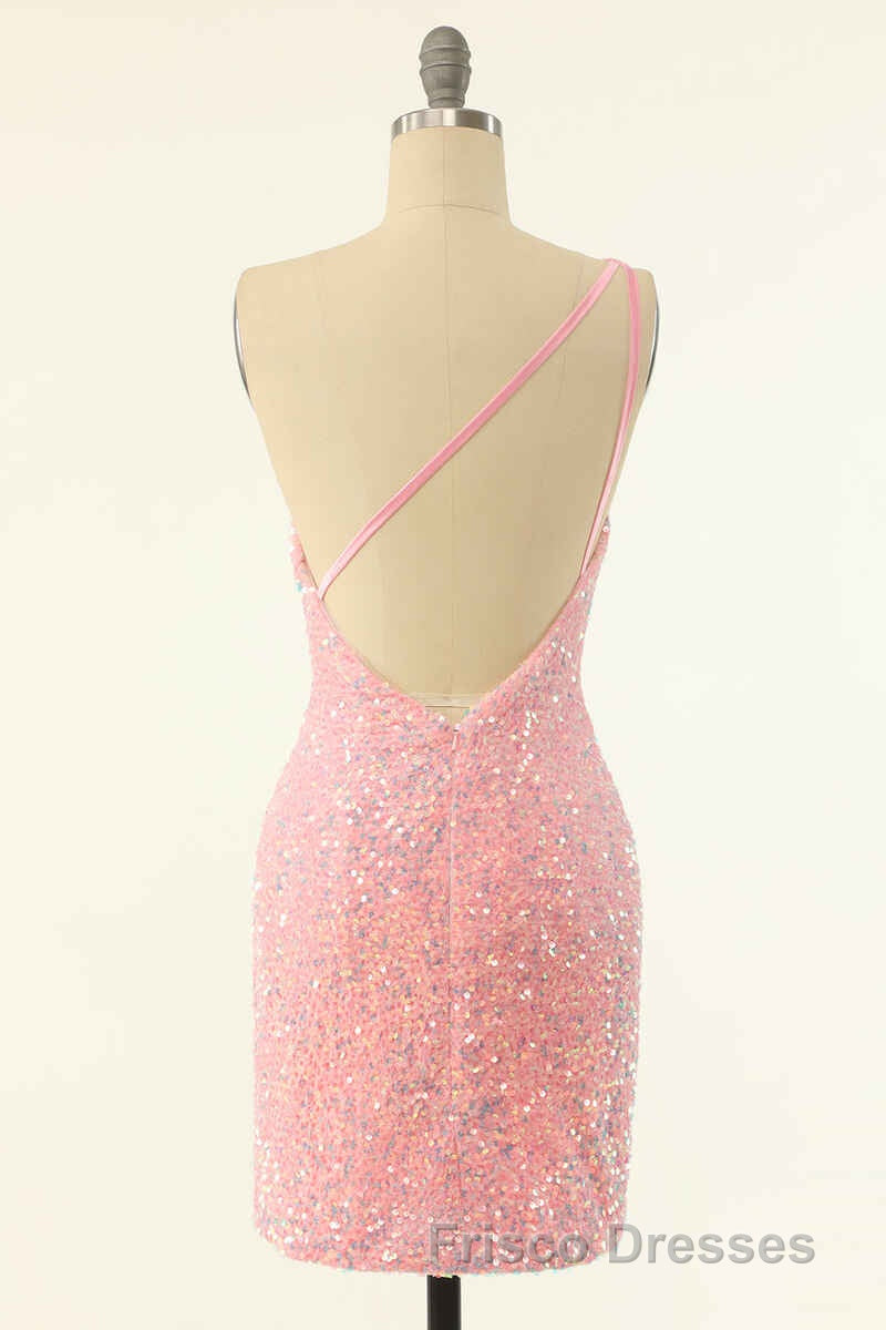 Pink Sequin One-Shoulder Backless Short Formal Prom Dress