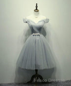 Simple V Neck Tulle Off Shoulder Short Formal Prom Dress, Pink Homecoming Dress