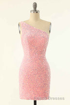 Pink Sequin One-Shoulder Backless Short Formal Prom Dress