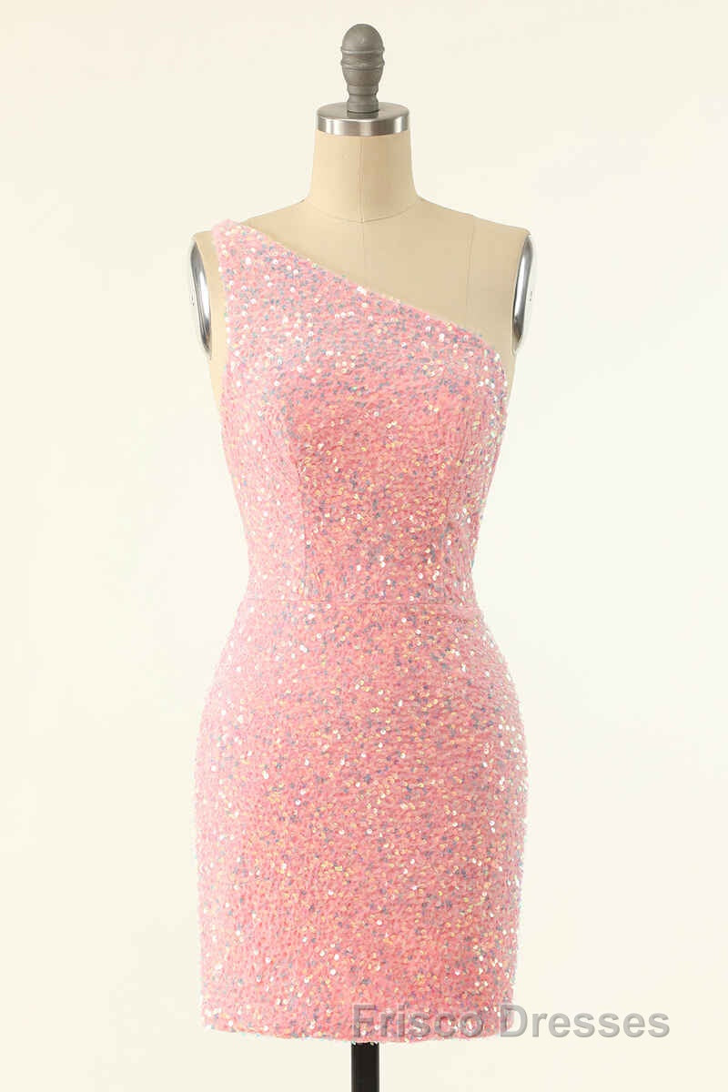 Pink Sequin One-Shoulder Backless Short Formal Prom Dress