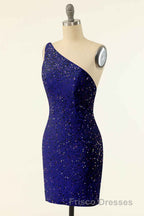 Pink Sequin One-Shoulder Backless Short Formal Prom Dress