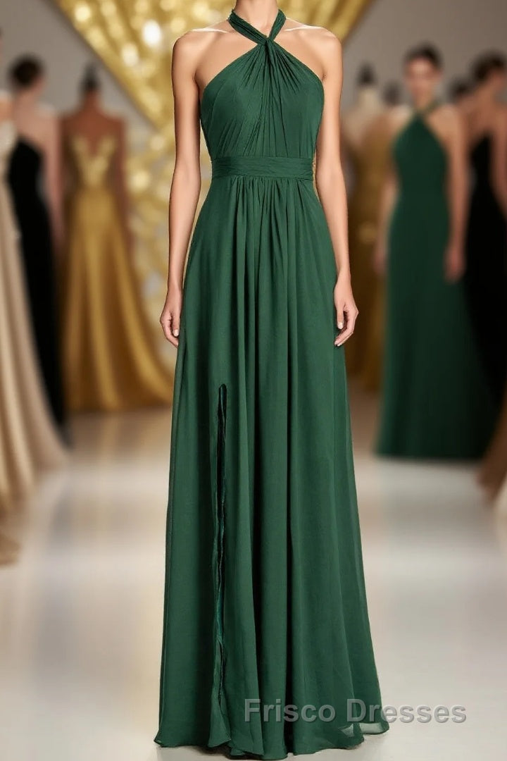 Halter Hunter Green Chiffon A-line Long Bridesmaid Dress Main image