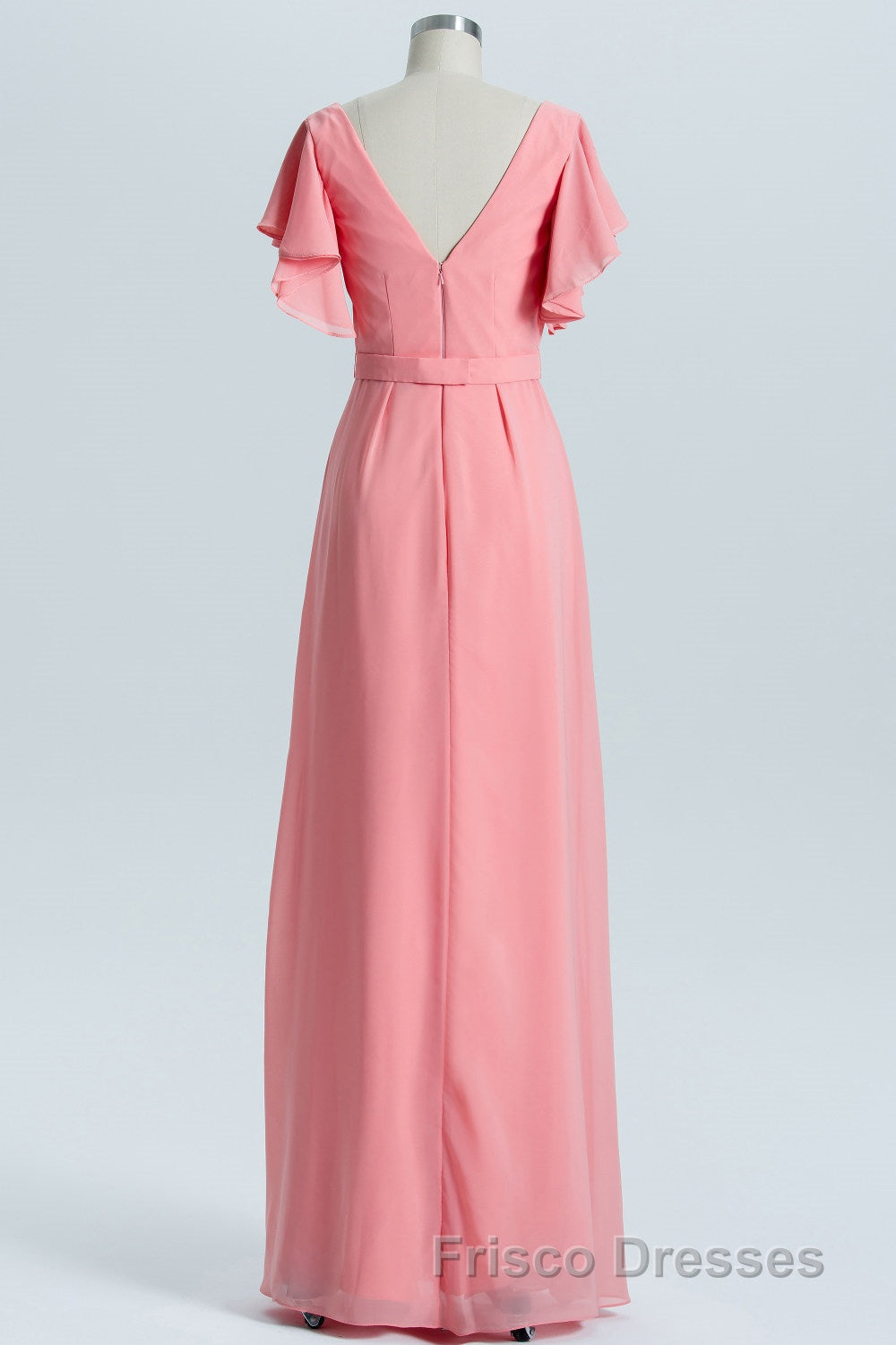 Coral A-line Flutter Sleeves Long Bridesmaid Dress Secondary image