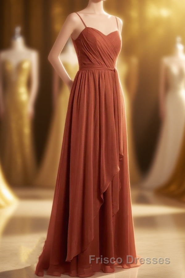 Rust Orange Spaghetti Straps Sweetheart Ruffled Long Bridesmaid Dress Main image
