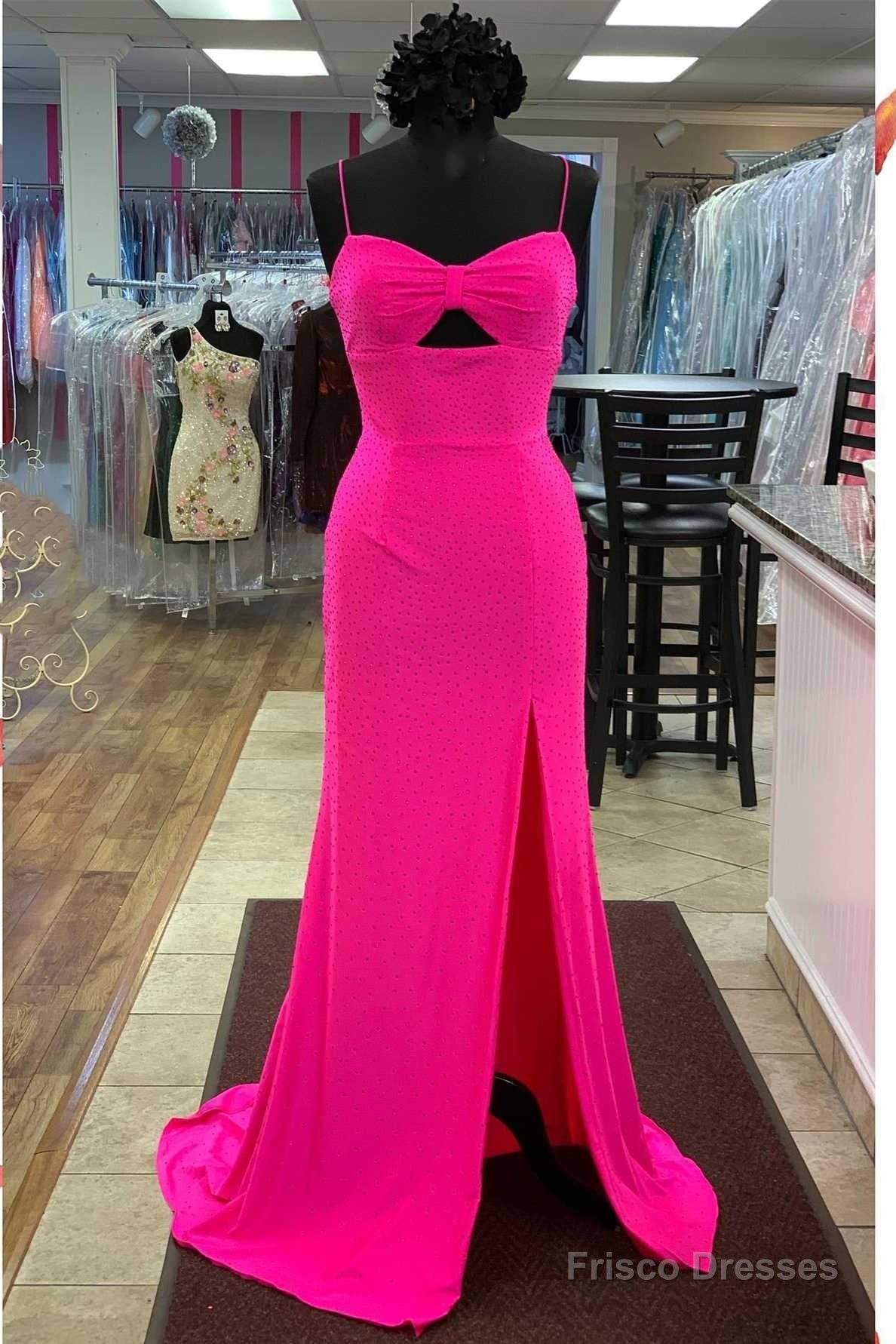 Hot Pink Beaded Keyhole Straps Mermaid Long Formal Dress with Slit Main image