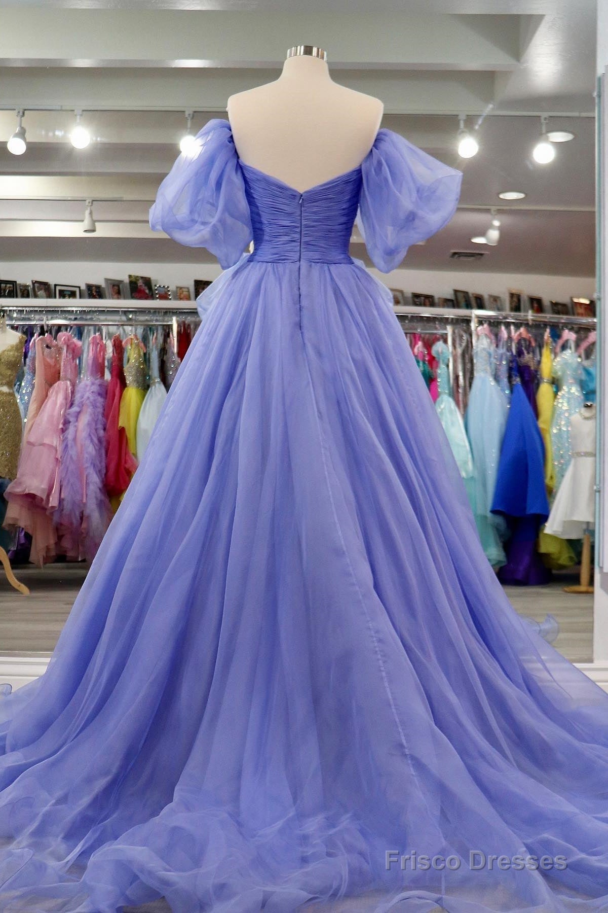 Lavender Tulle A-line Off-Shoulder Puff Sleeves Pleated Long Prom Dress Secondary image