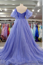 Lavender Tulle A-line Off-Shoulder Puff Sleeves Pleated Long Prom Dress