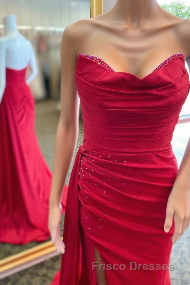 Red Beaded Strapless Mermaid Long Dress with Attached Train Main image