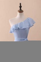 Periwinkle One-Shoulder Ruffled A-Line Long Bridesmaid Dress