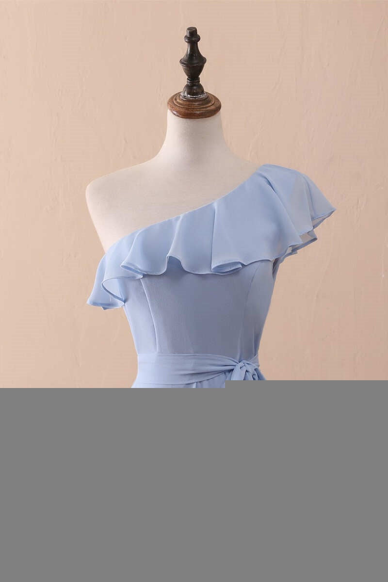 Periwinkle One-Shoulder Ruffled A-Line Long Bridesmaid Dress