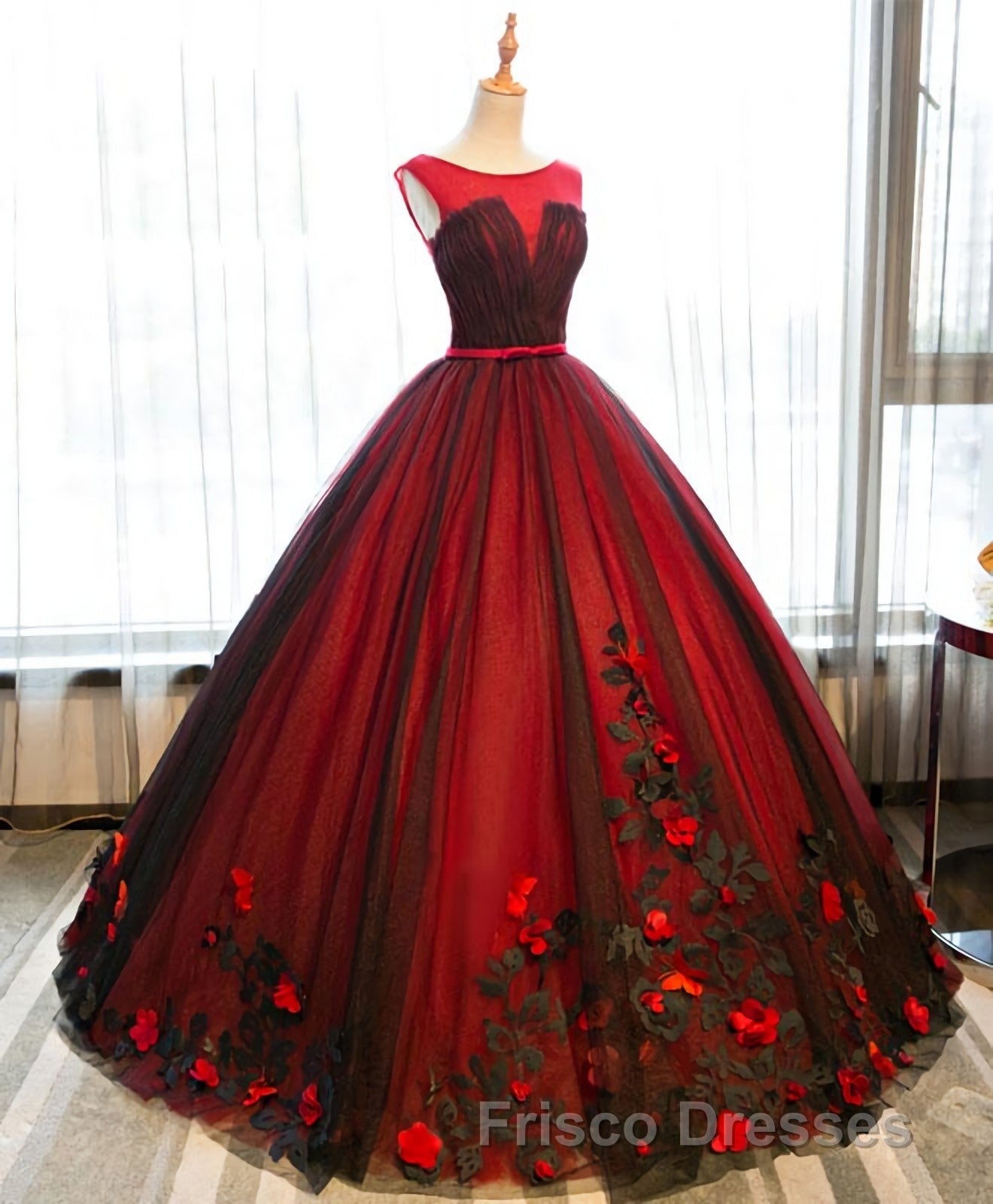 Burgundy Round Neck Tulle Lace Applique Long Formal Prom Dress, Burgundy Evening Dress Secondary image