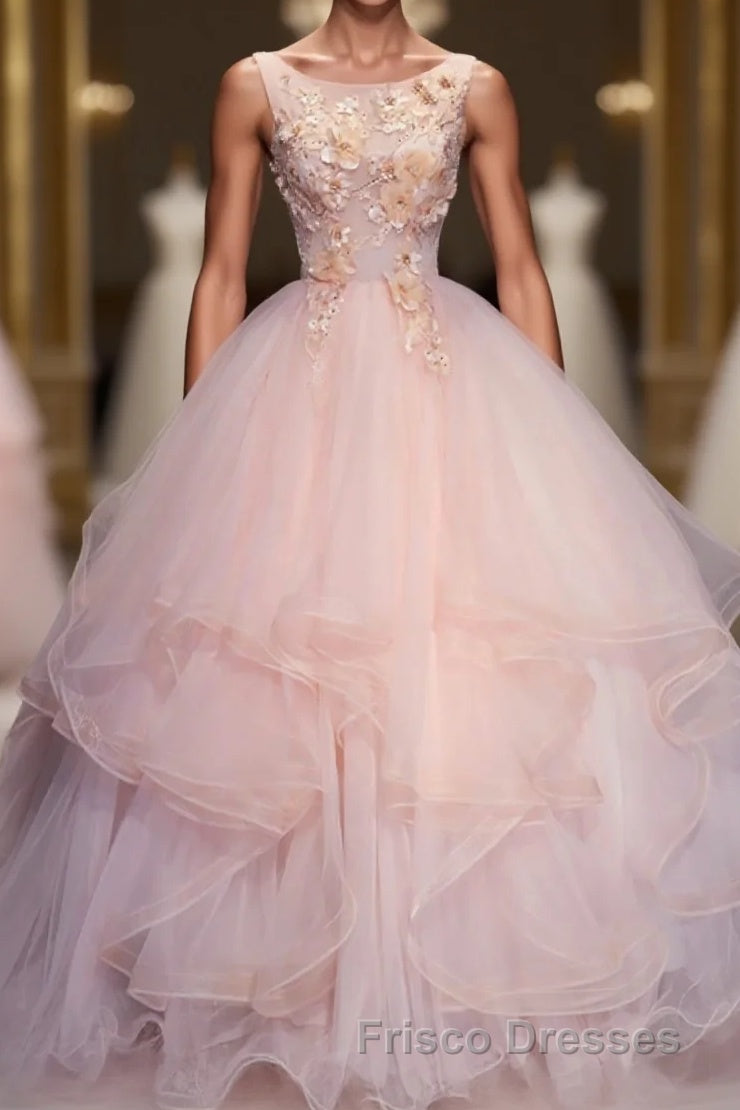 Pink Round Neck Tulle Lace Long Formal Prom Dress, Lace Formal Prom Dress Main image