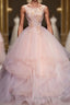 Pink Round Neck Tulle Lace Long Formal Prom Dress, Lace Formal Prom Dress