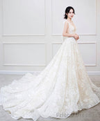 White V Neck Lace Long Prom Dress White Lace Wedding Dress