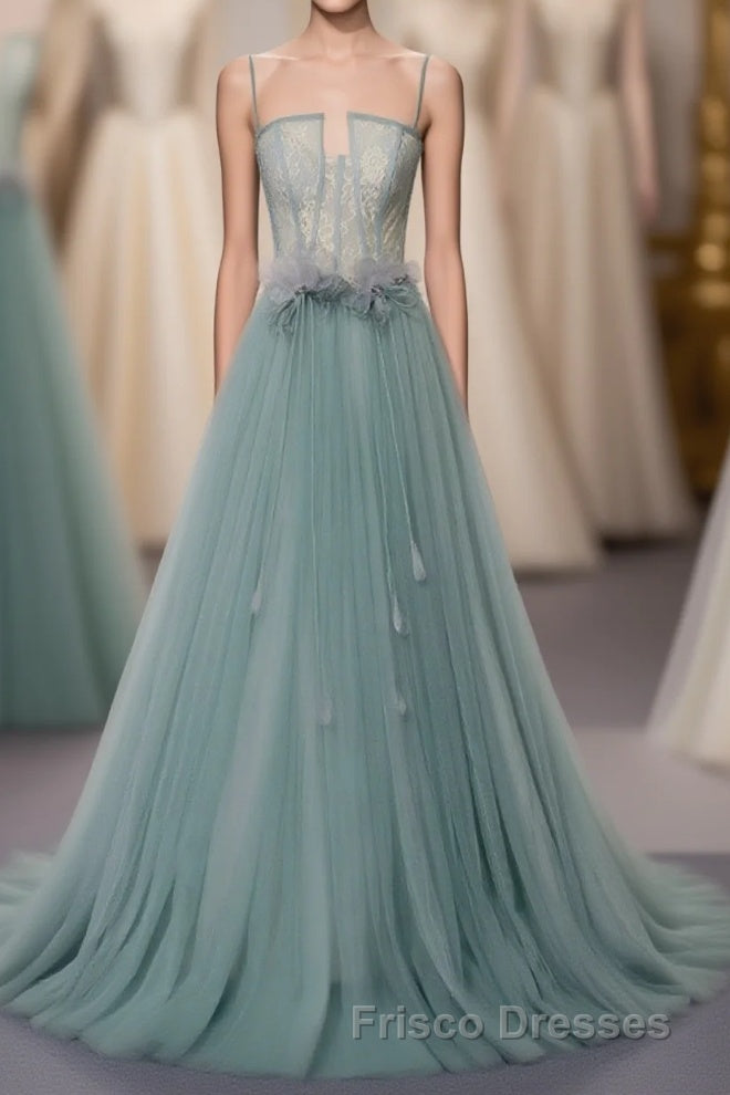 Green A Line Tulle Lace Long Formal Prom Dress, Green Tulle Formal Prom Dress Main image