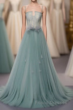 Green A Line Tulle Lace Long Formal Prom Dress, Green Tulle Formal Prom Dress