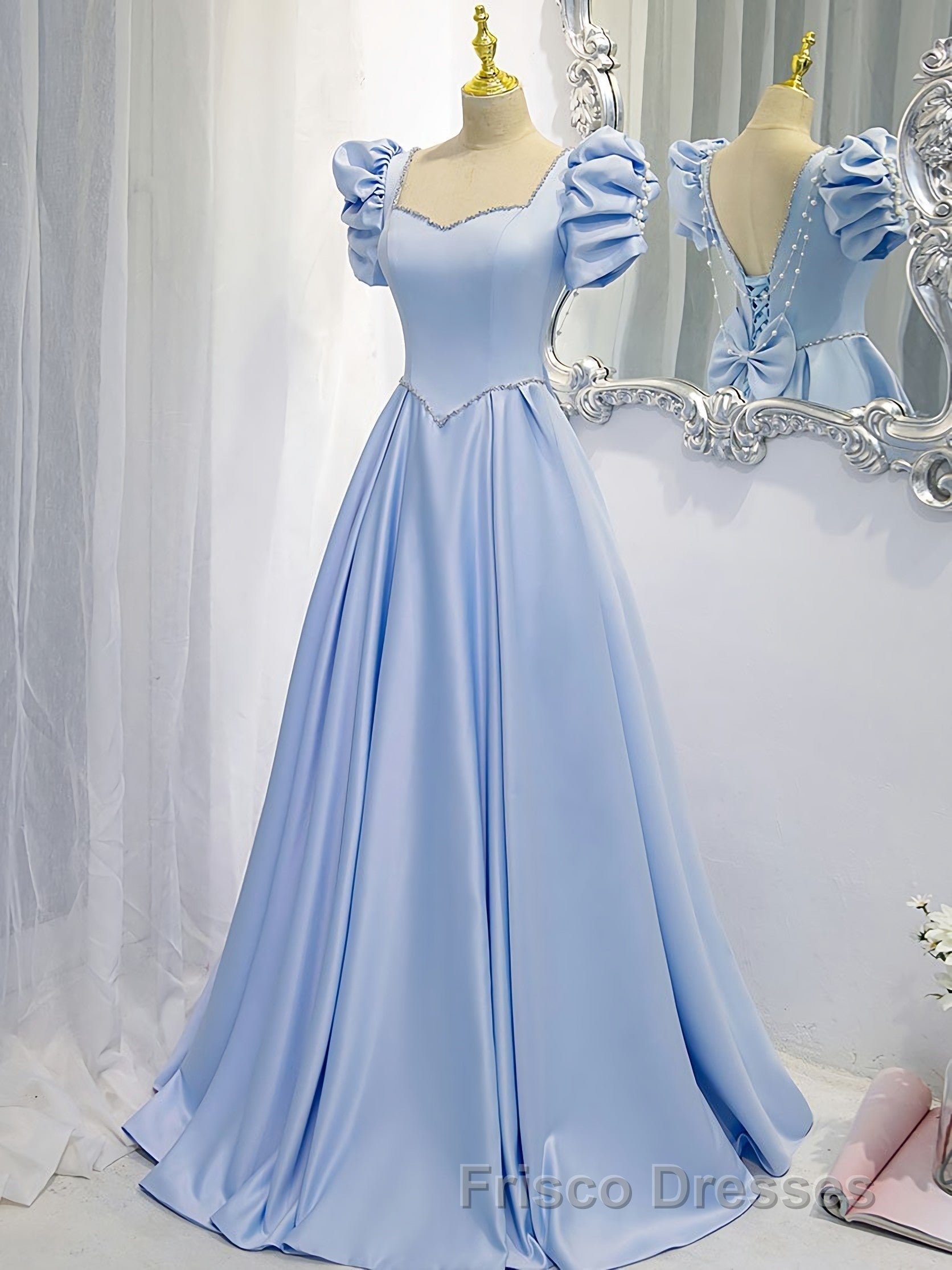 Blue Satin Backless Long Formal Prom Dress, Blue Evening Dress