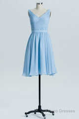 Blue Chiffon A-line Pleated Short Bridesmaid Dress