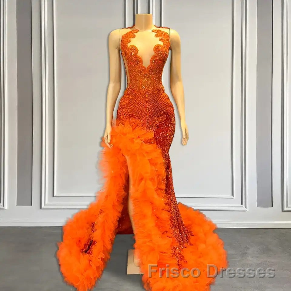 Orange Sleeveless Mermaid Formal Prom Dresses with Side Slit and Tulle Beadings Secondary image