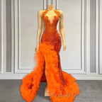 Orange Sleeveless Mermaid Formal Prom Dresses with Side Slit and Tulle Beadings