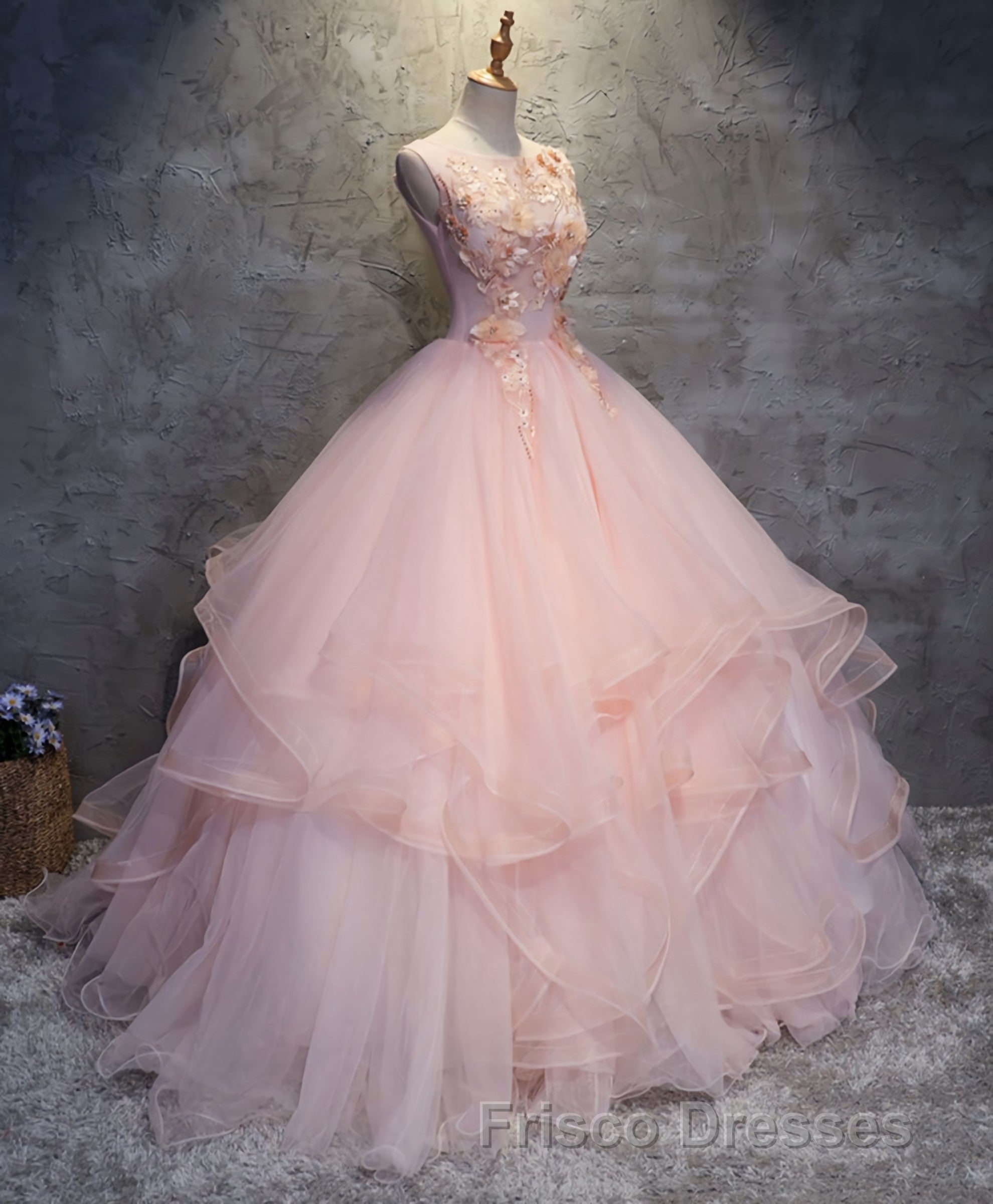 Pink Round Neck Tulle Lace Long Formal Prom Dress, Lace Formal Prom Dress Secondary image