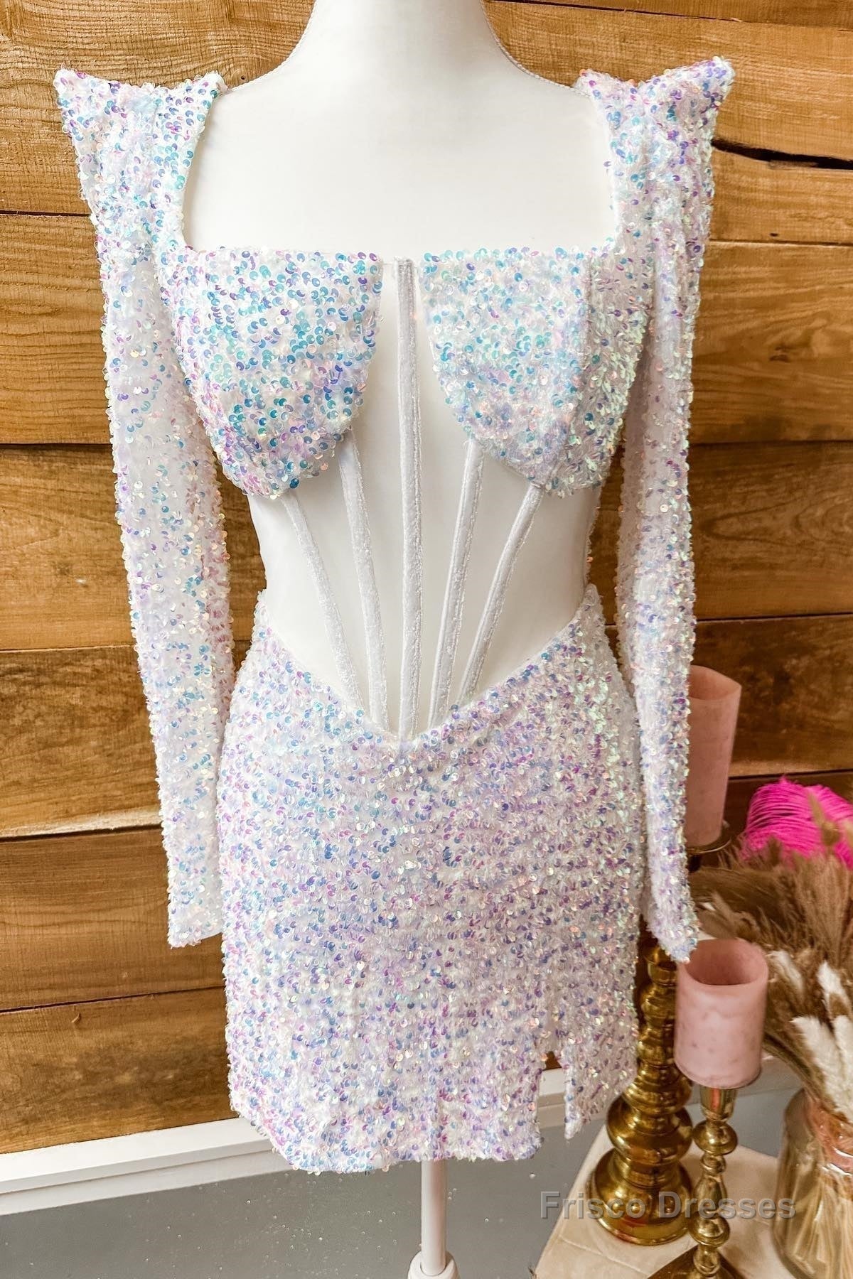 Iridescent White Sequins Long Sleeves Square Neck Homecoming Dress Main image