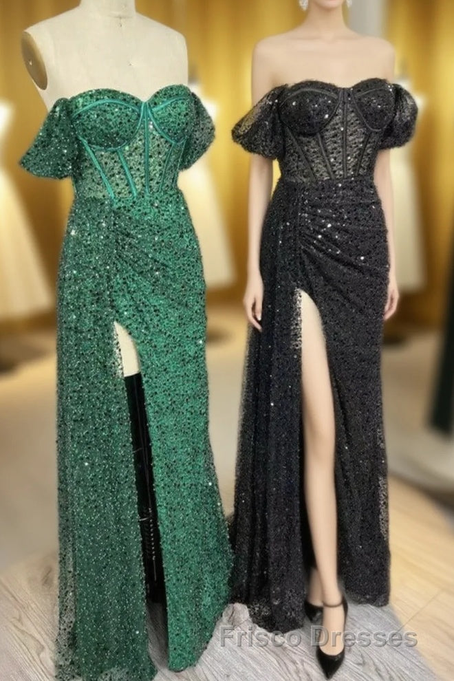 Mermaid Off-the-Shoulder Boning Sequins Pleated Long Formal Prom Dress with Slit