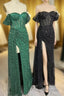 Mermaid Off-the-Shoulder Boning Sequins Pleated Long Formal Prom Dress with Slit