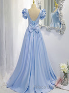 Blue Satin Backless Long Formal Prom Dress, Blue Evening Dress