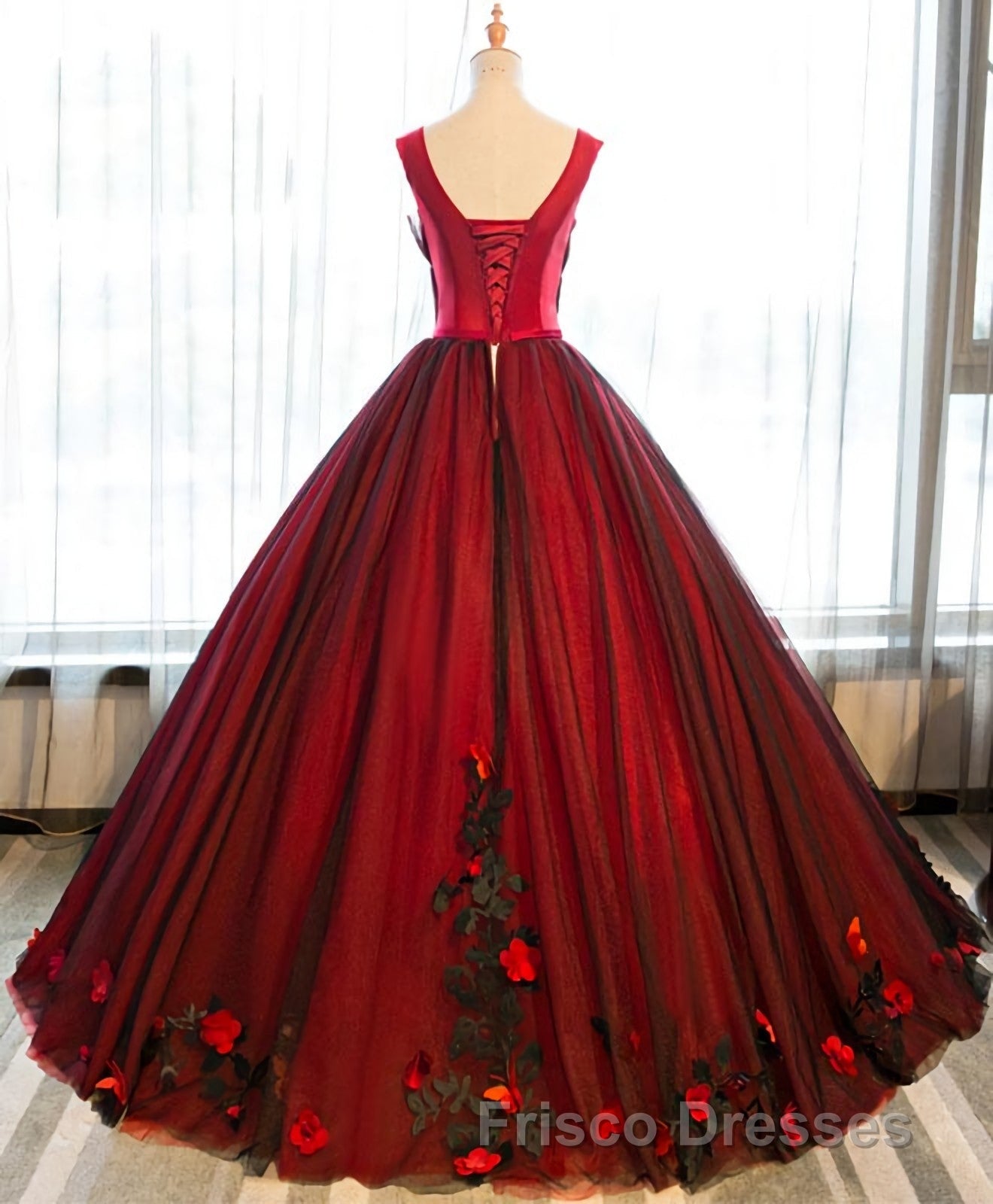 Burgundy Round Neck Tulle Lace Applique Long Formal Prom Dress, Burgundy Evening Dress