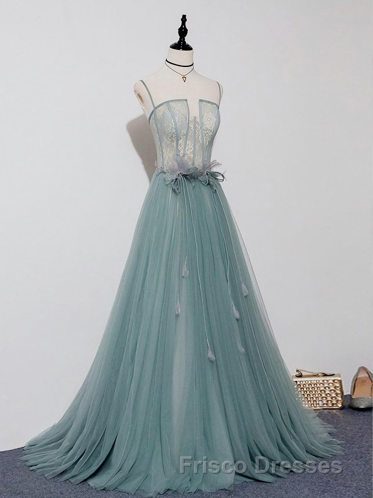 Green A Line Tulle Lace Long Formal Prom Dress, Green Tulle Formal Prom Dress