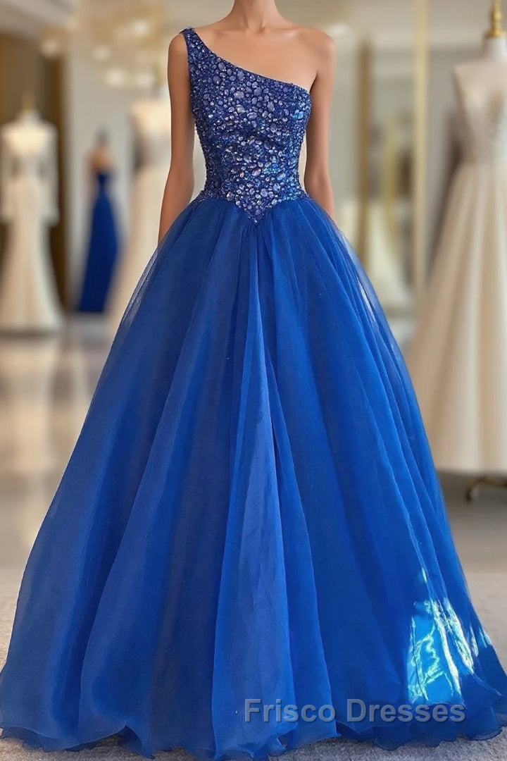 Blue Beaded One-Shoulder A-Line Long Formal Prom Dress Main image