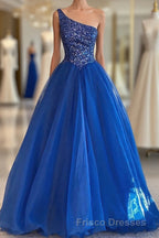 Blue Beaded One-Shoulder A-Line Long Formal Prom Dress