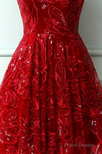 Burgundy Lace V-Neck Short Prom Dress, A-Line Irregular Hem Party Dress