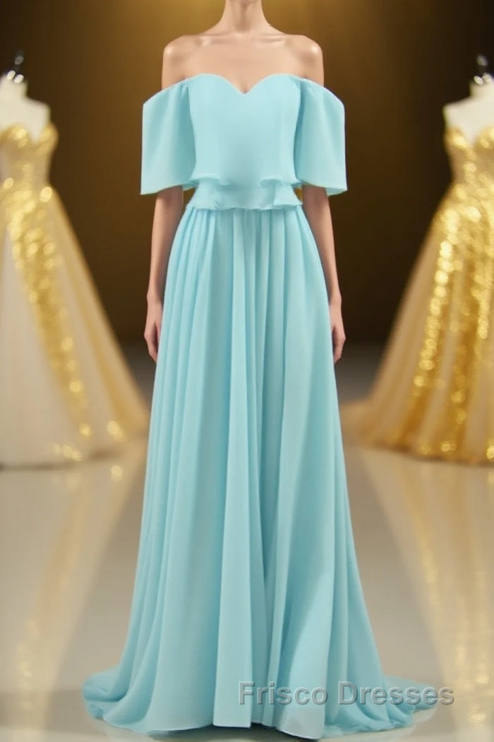 Off the Shoulder Blue Flounce Chiffon Long Bridesmaid Dress Main image