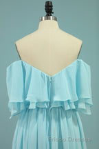 Off the Shoulder Blue Flounce Chiffon Long Bridesmaid Dress