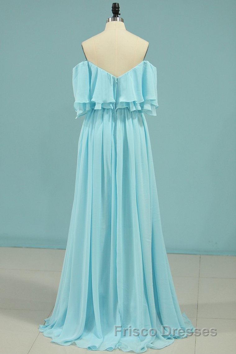 Off the Shoulder Blue Flounce Chiffon Long Bridesmaid Dress