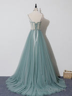 Green A Line Tulle Lace Long Formal Prom Dress, Green Tulle Formal Prom Dress
