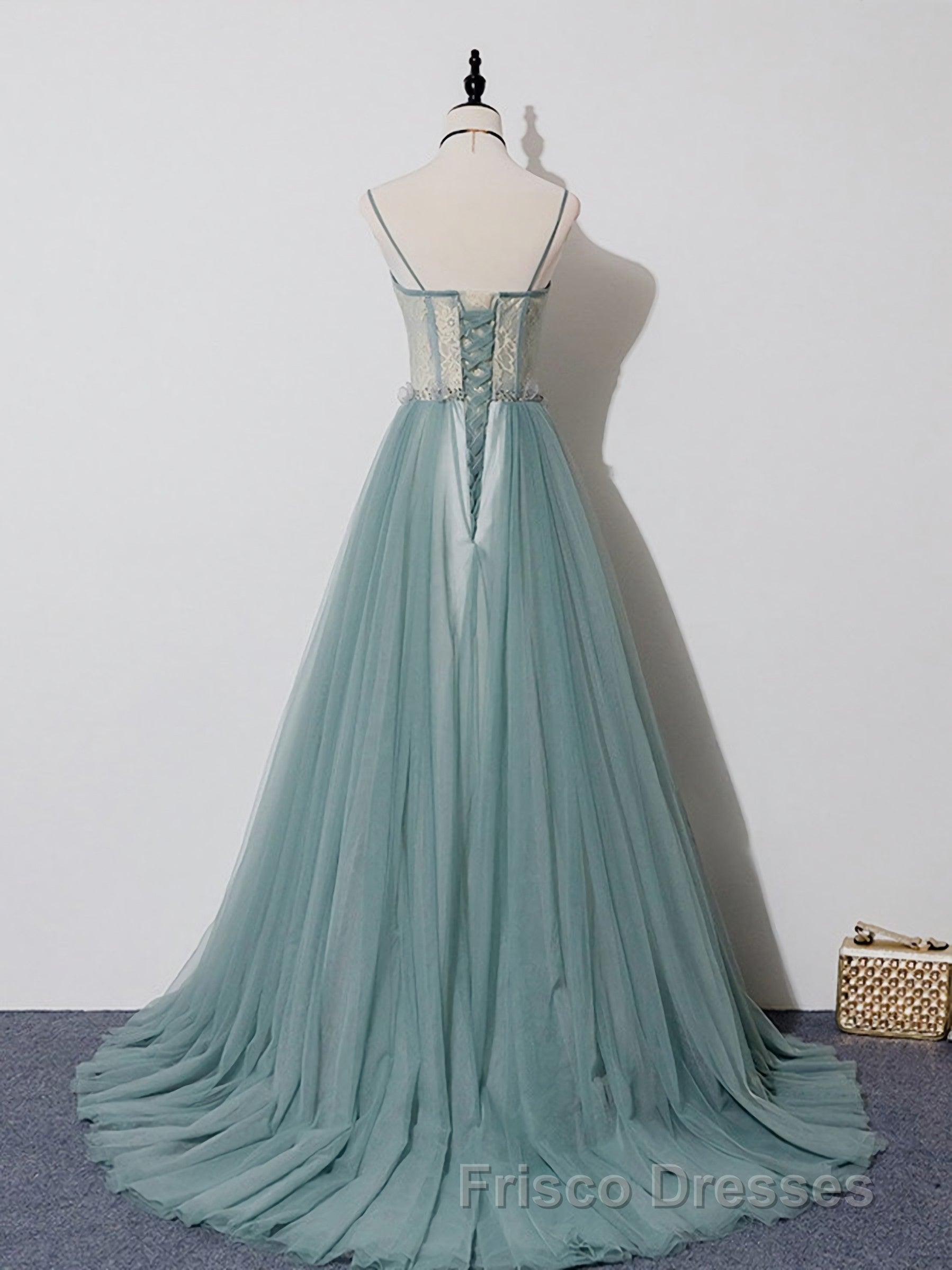 Green A Line Tulle Lace Long Formal Prom Dress, Green Tulle Formal Prom Dress