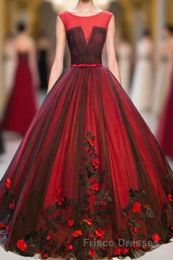 Burgundy Round Neck Tulle Lace Applique Long Formal Prom Dress, Burgundy Evening Dress Main image