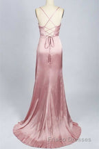 Pink Scoop Neck Lace-Up Back Long Formal Prom Dress with Slit