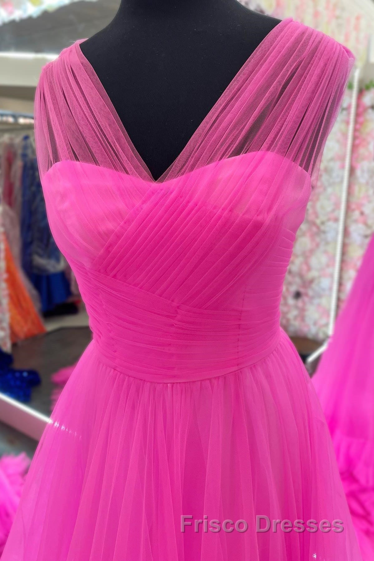 Hot Pink Illusion Strapless A-line Layers Tulle Long Formal Prom Dress Secondary image