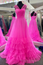 Hot Pink Illusion Strapless A-line Layers Tulle Long Formal Prom Dress
