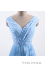 Blue Pleated A-line Chiffon Long Bridesmaid Dress
