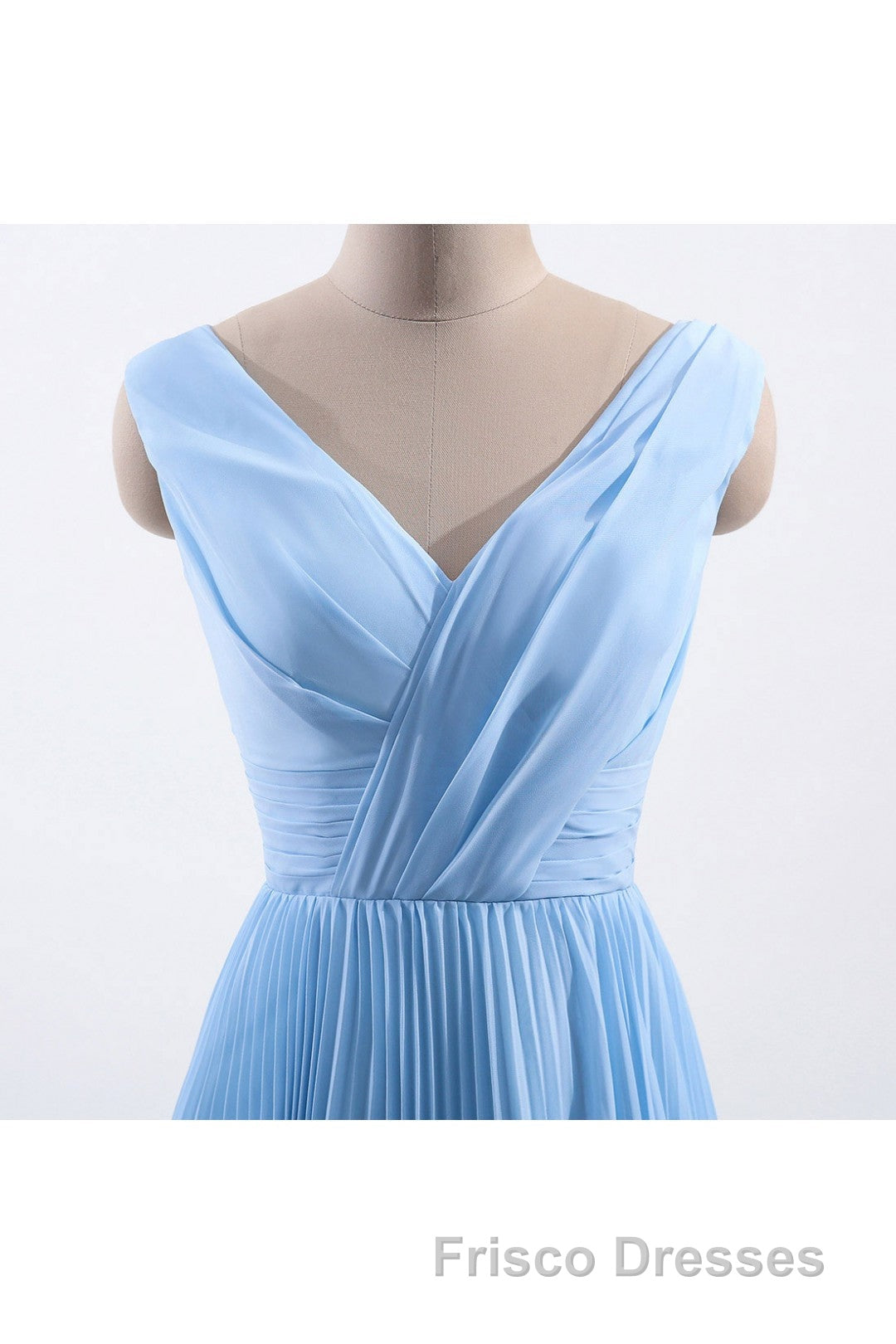 Blue Pleated A-line Chiffon Long Bridesmaid Dress