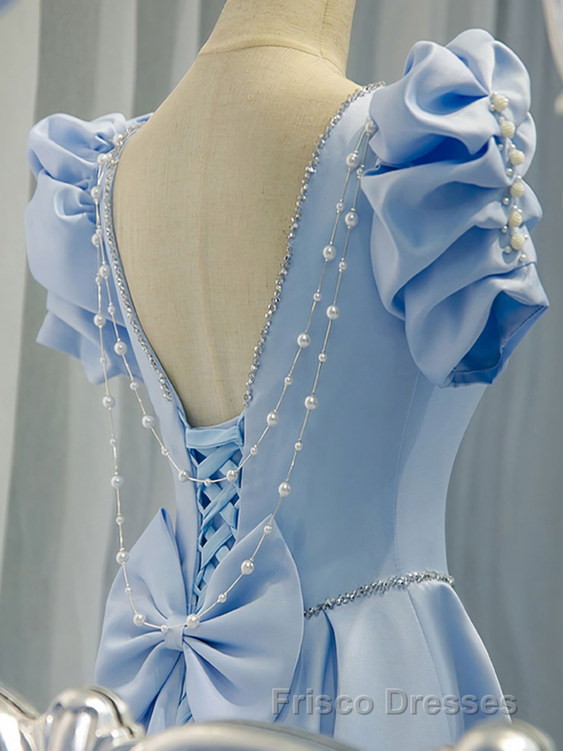 Blue Satin Backless Long Formal Prom Dress, Blue Evening Dress