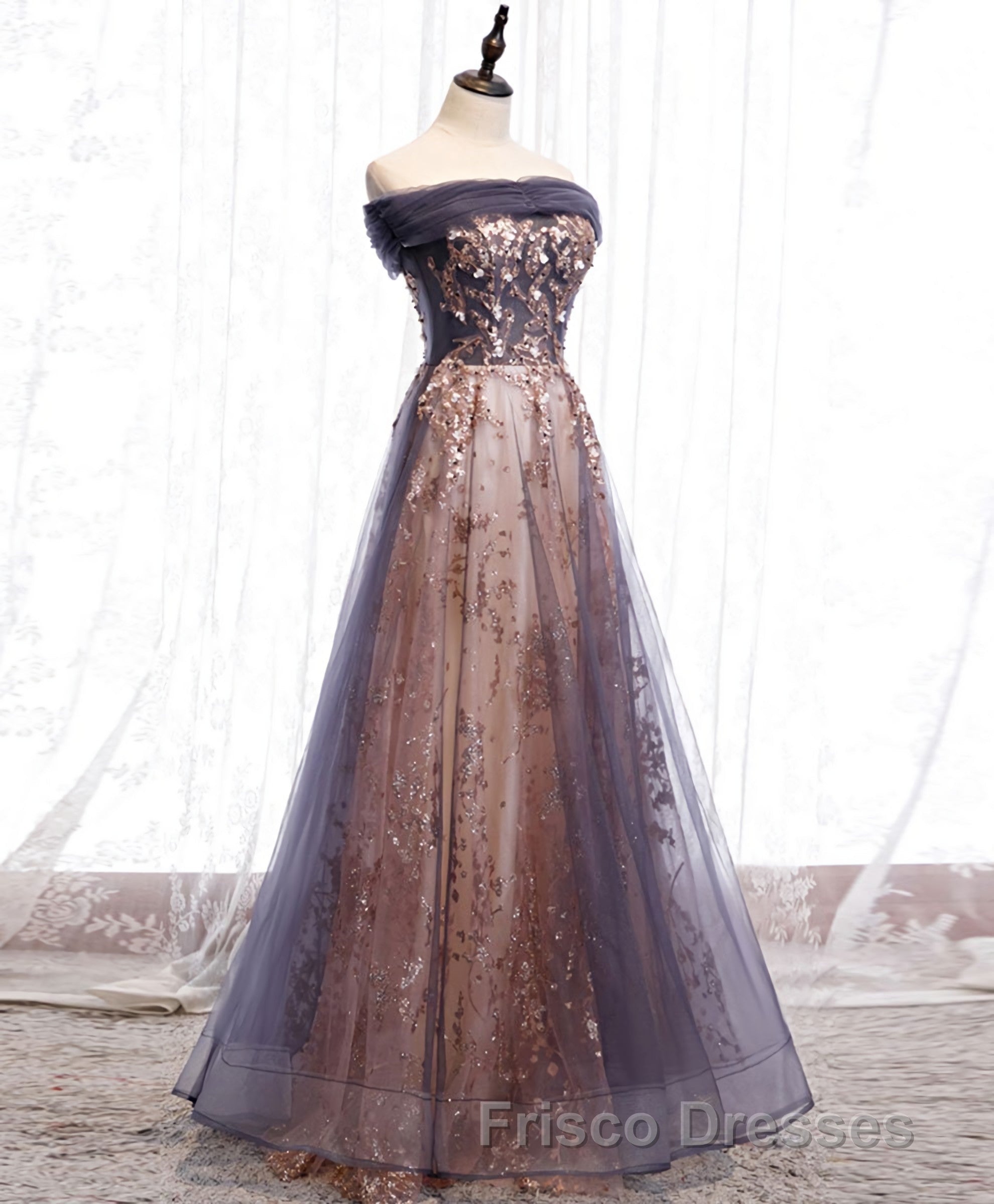 Unique Tulle Off Shoulder Lace Long Formal Prom Dress, Lace Formal Prom Dress Secondary image