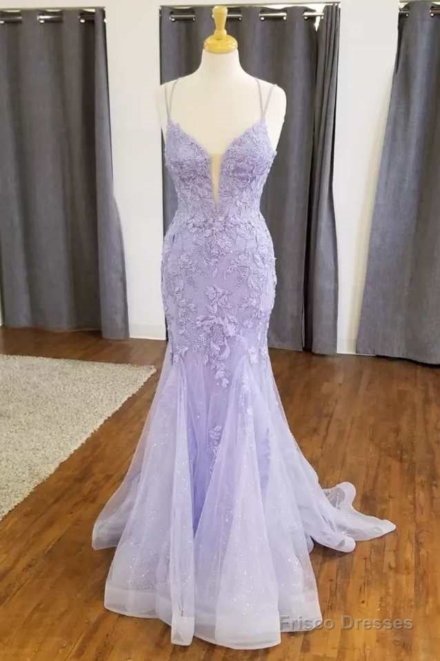 Mermaid Lavender Floral Lace Straps Long Prom Dress Main image